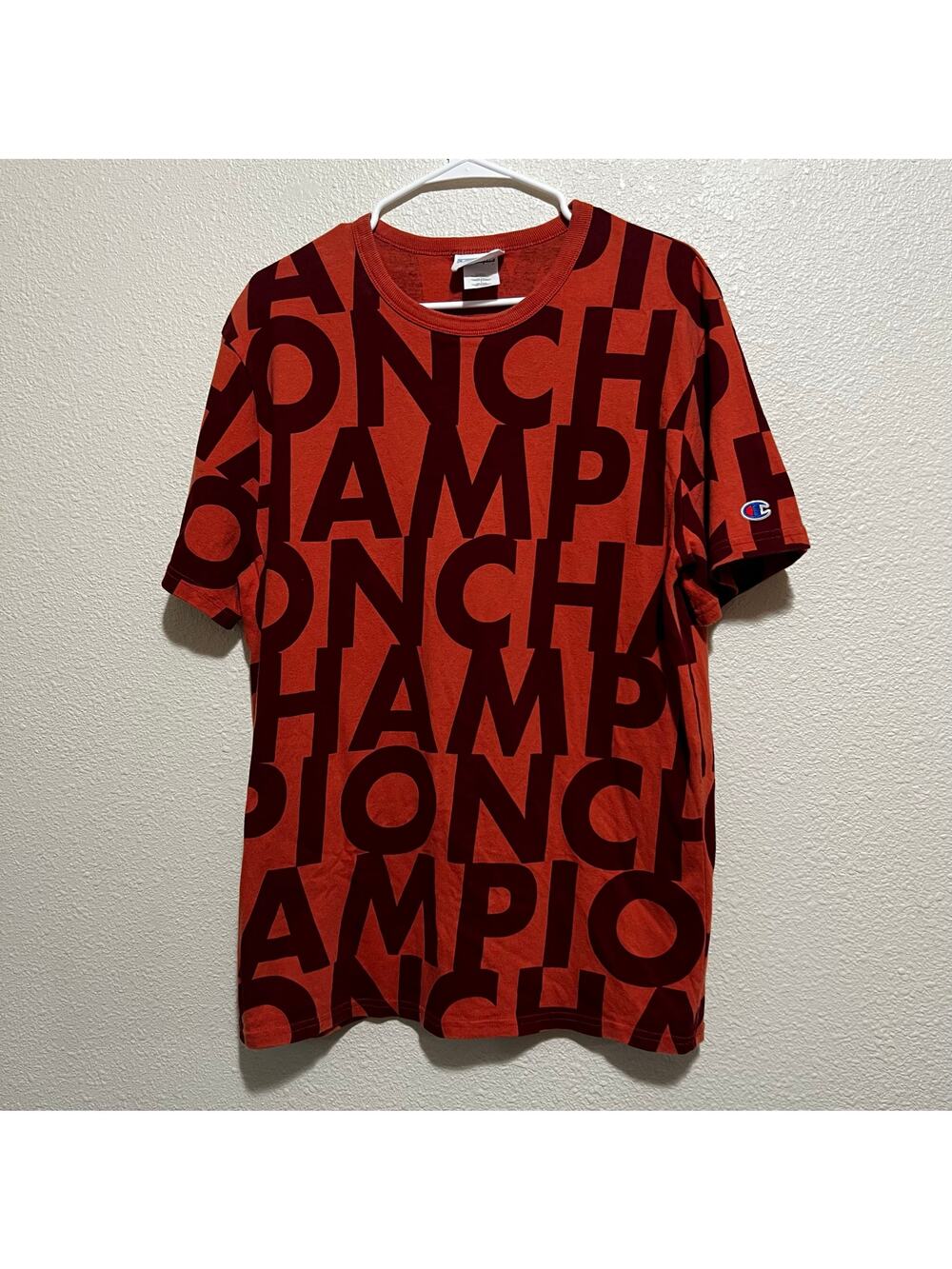 Champion Heritage red orange all over script crewneck short sleeve tee shirt L